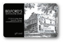 Belfords Seafood and Steaks logo and address on a vintage illustration of the storefront.